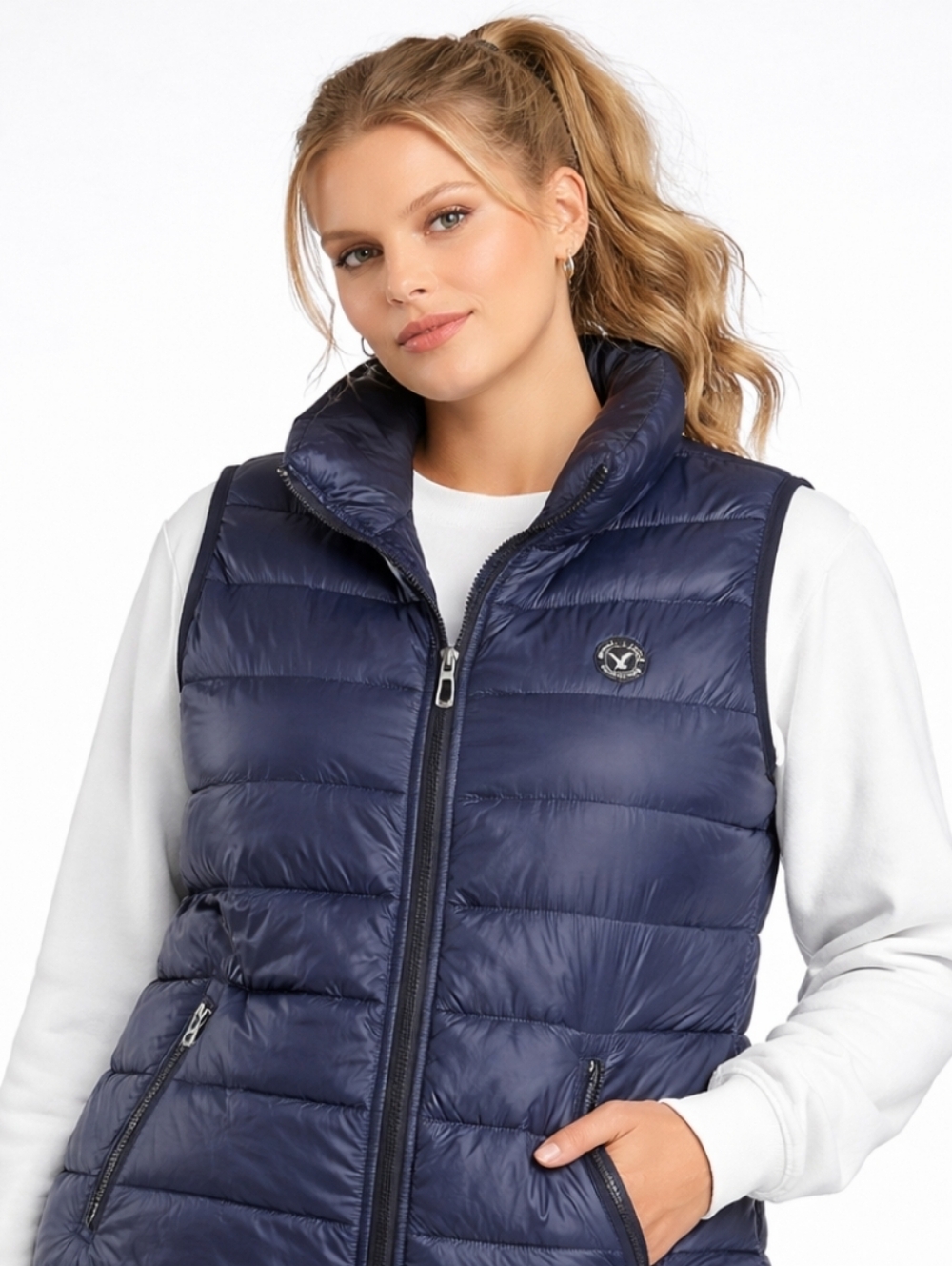 American Eagle Vest Womens Blue Nylon Puffer Down Full Zip Pockets Small